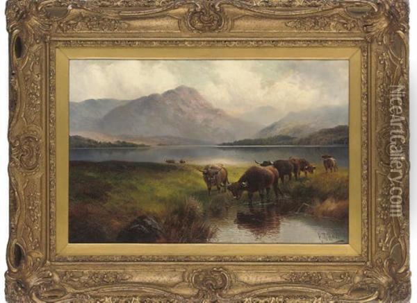 Highland Cattle, Loch Venachar, Perthshire Oil Painting - Henry R. Hall