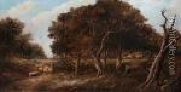 Figure And Sheep In A Wooded Landscape Oil Painting - Joseph Thors
