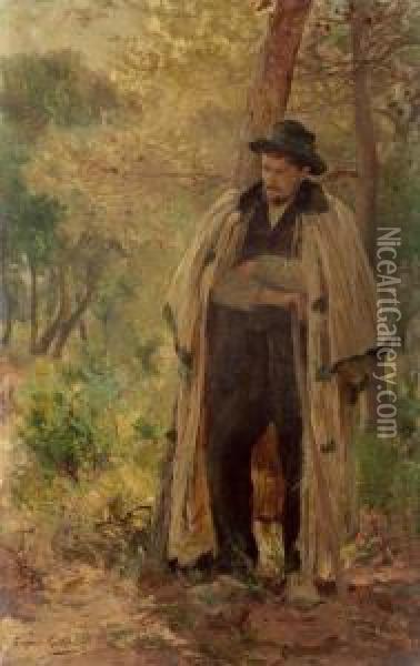 Walker In The Woods. Oil Painting - Eugene-Alexis Girardet