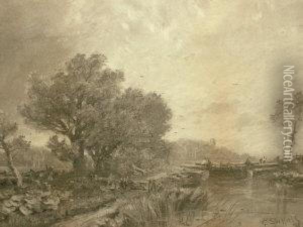Figures Crossing A Canal With Woodland; Charcoal Oil Painting - George Sheffield