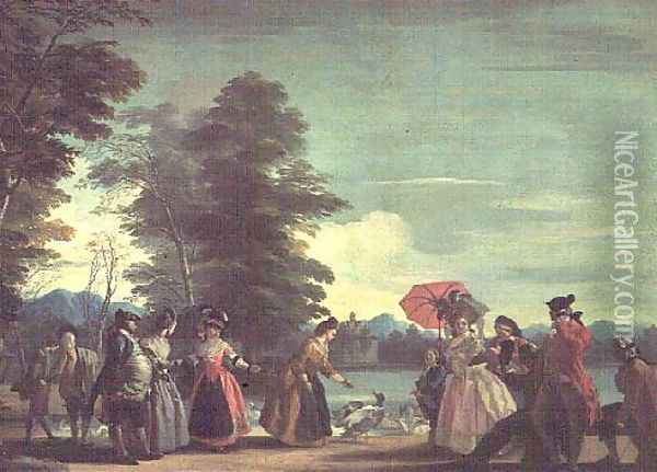 A stroll by a large and secluded lake, 1780 Oil Painting - Jose del Castillo