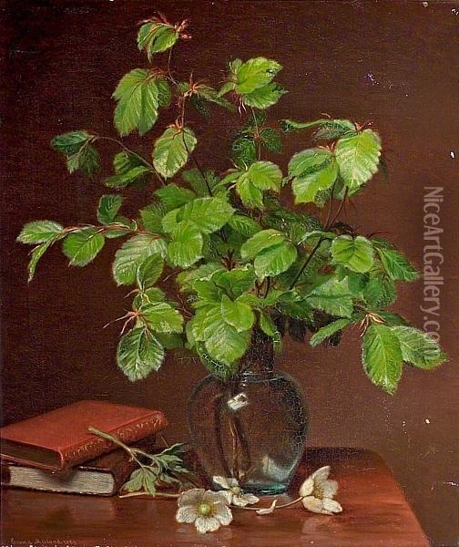 Still Life With Beech Branches In A Vase And Books. Signed Emma Mulvad 1886 Oil Painting - Emma Mulvad
