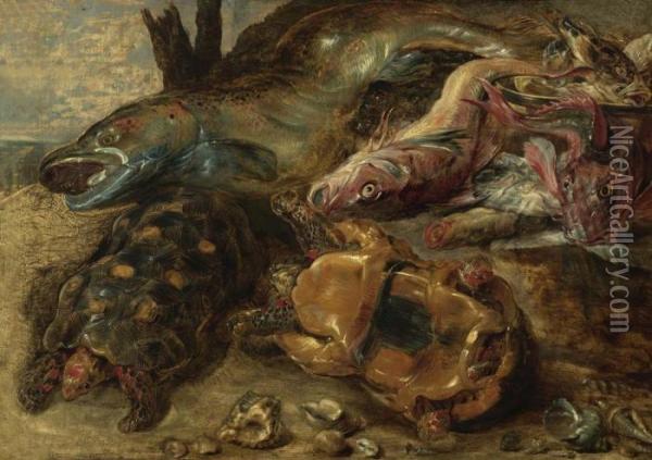 Grosses Fischstilleben. Oil Painting - Frans Snyders