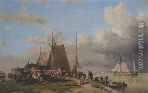 A Busy Ship-yard Along A River Oil Painting - Willem Anthonie van Deventer