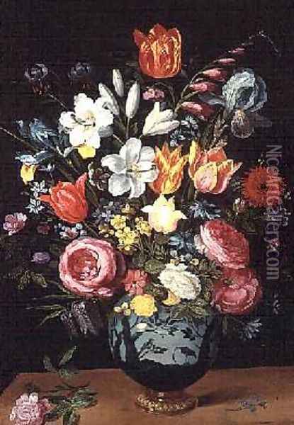 A Still Life of Flowers in a Porcelain Vase Resting on a Ledge Oil Painting - Phillipe de Marlier