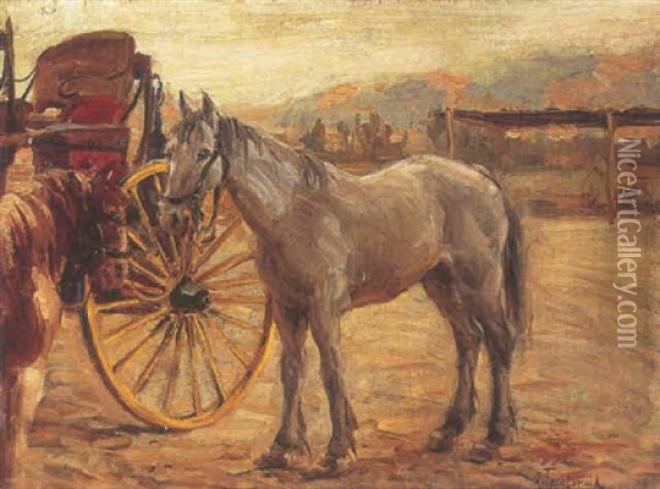 Horses Waiting At Dusk Near Rancho Paso Robles Oil Painting - Arnaldo Casella Tamburini Jr.