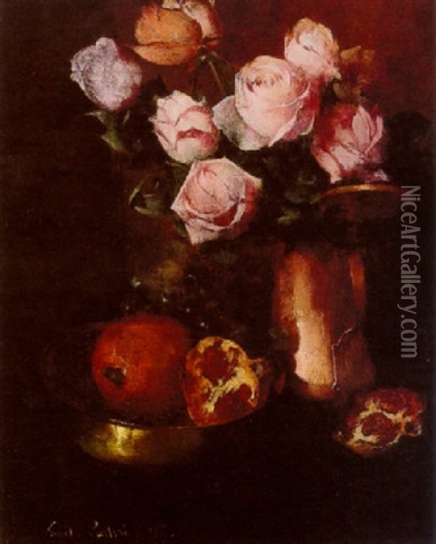Roses In A Copper Jar Oil Painting - Emil Carlsen