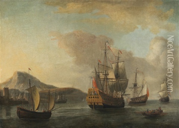 English Men-of-war Off A Southern Coast Oil Painting - Jacob Knyff