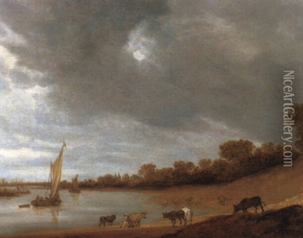 Fluslandschaft Mit Segelbooten Und Einer Herde Am Ufer Oil Painting - Salomon van Ruysdael