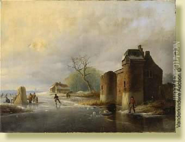 Paysage Hivernal Aux Patineurs Oil Painting - Pieter Hendrik Lod. Jonxis
