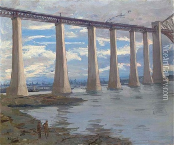 The Piers, Forth Bridge, Kite Balloon And Grand Fleet In The Distance Oil Painting - John Lavery