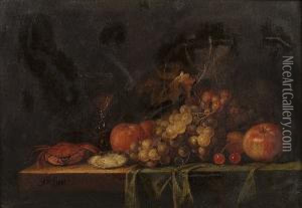 An Oyster, Cherries, Oranges, An Apple And A Glass Of Wine On A Partially Draped Table Oil Painting - Pseudo Simons