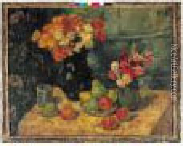Nature Morte Aux Pommes, Poires Et Fleurs. Oil Painting - Georges dEspagnat