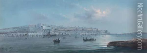 The Grand Harbour, Valletta, At Dusk Oil Painting - Vincenzo D Esposito