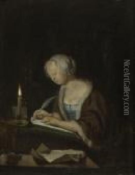 Schreibende Junge Frau Bei Kerzenschein Oil Painting - Frans van Mieris