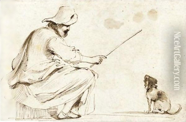 A Seated Man Wearing A Hat And Holding A Cane To Train A Dog Oil Painting - Giovanni Francesco Barbieri