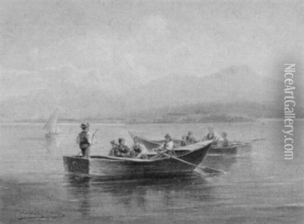 Ruderboote Mit Ausfluglern Auf Einem Alpensee Oil Painting - Alfred K.J.O. von Schoenberger