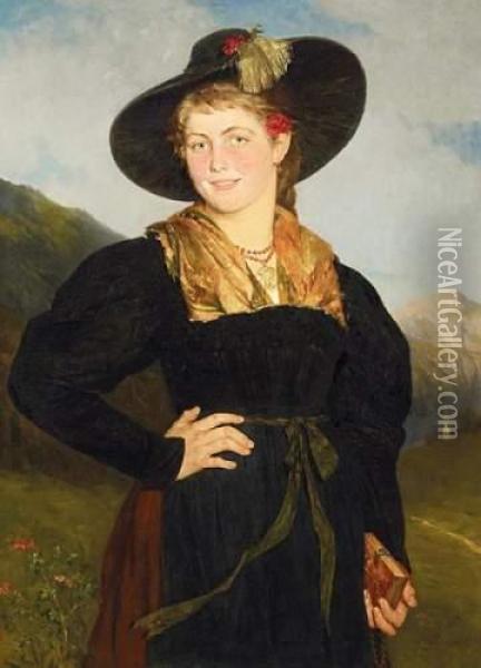 Tirol Lady In Front Of A Vast Alpine Landscape Oil Painting - Richard Eisermann