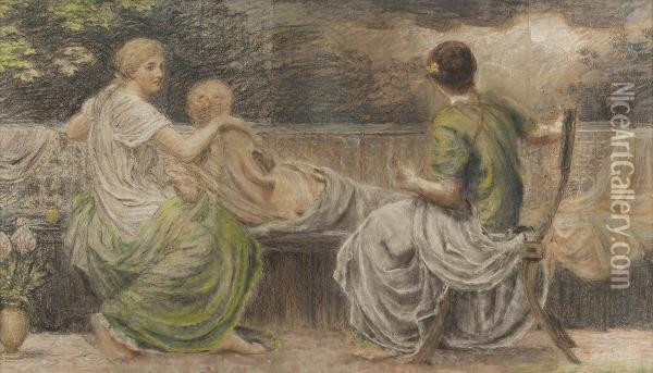 Classical Figures On A Bench Oil Painting - Joseph Moore