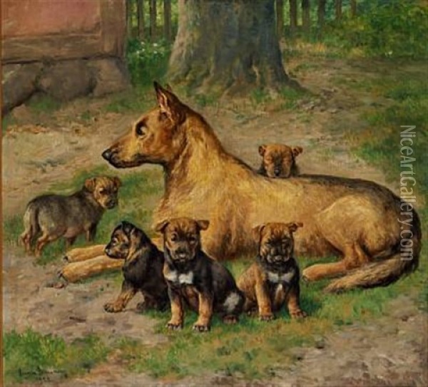 En Schaeferhund Med Sine Hvalpe Oil Painting - Simon Simonsen