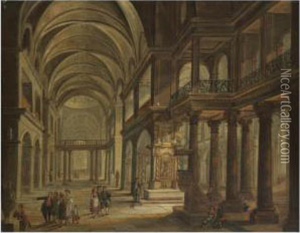 Church Interior With Figures Conversing And Praying Oil Painting - Christian Stocklin