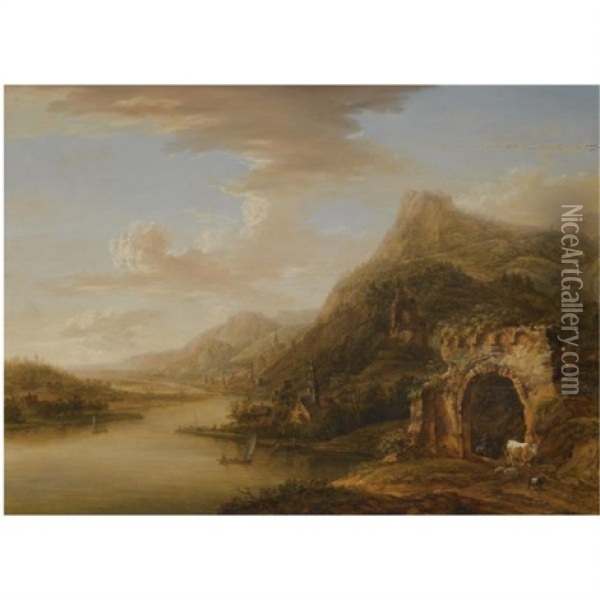 An Extensive Rhenish Landscape With A Ruined Arch In The Foreground Oil Painting - Christian Georg Schuetz the Younger