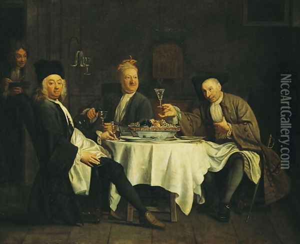 The Poet Alexis Piron 1689-1773 at the Table with his Friends Jean Joseph Vade 1720-57 and Charles Colle 1709-83 Oil Painting - Etienne Jeaurat