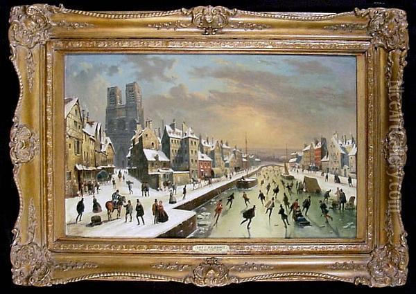 Ice Skaters On A Frozen Canal Oil Painting - Louis-Claude Mallebranche