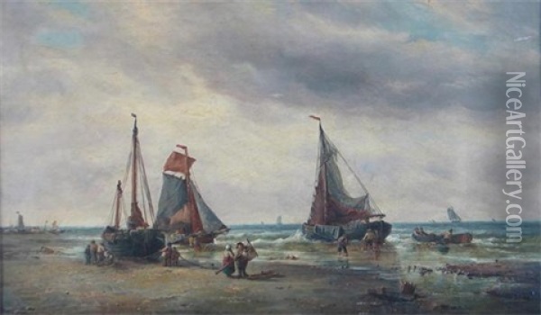 Coastal Scene With Fisherfolk By Their Boats At Low Tide (+ A Print Of The Same Scene; 2 Works) Oil Painting - Francois-Etienne Musin