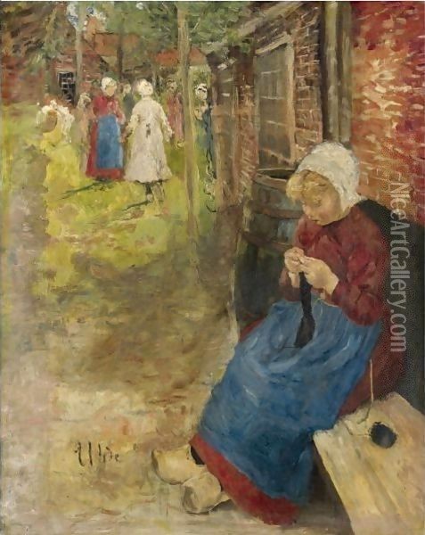 Strickendes Madchen (Girl Knitting) Oil Painting - Fritz von Uhde