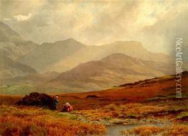 Figures On A Track With Cadr Idris Beyond Oil Painting - William Turner