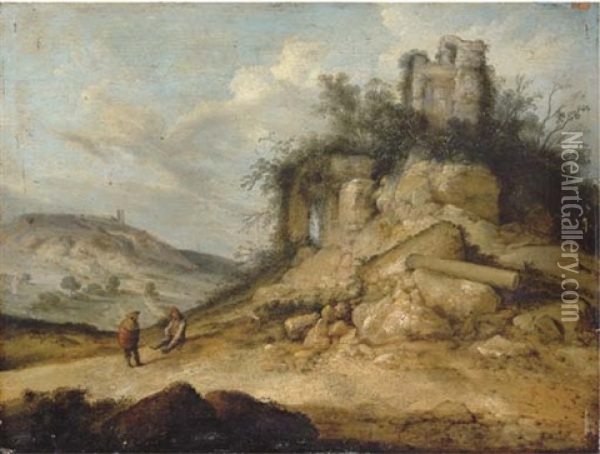 A Rocky Landscape With Travellers Resting Beside Ruins Oil Painting - Jacob Sibrandi Mancadan