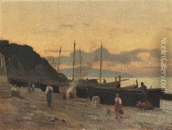 Figures With Boats Moored On A Beach, Possibly Capri Oil Painting - Giovanni Costa