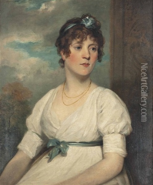Portrait Of Elizabeth Beresford (d.1856), Half-length, In A White Dress With A Blue Ribbon, A Landscape Beyond Oil Painting - Sir William Beechey