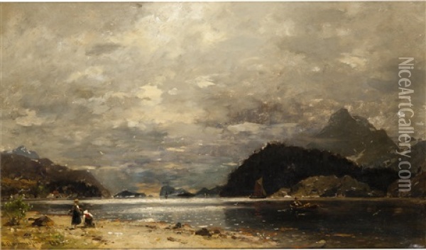 Fisherwomen By The Shore Oil Painting - Georg Anton Rasmussen