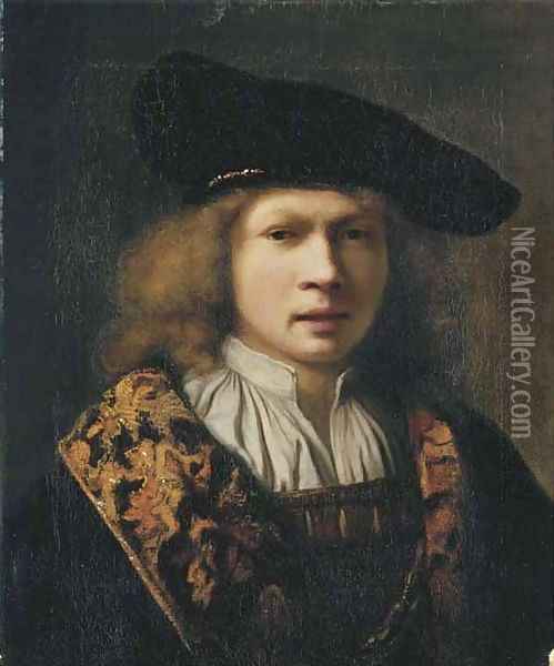Portrait of a young man, bust-length, in a brocade-lined cloak and a velvet black cap Oil Painting - Samuel Van Hoogstraten