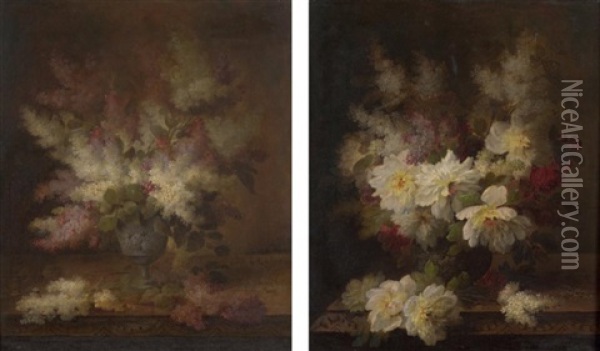 Bouquet De Lilas - Bouquet De Pivoines (2 Works) Oil Painting - Raoul Maucherat de Longpre