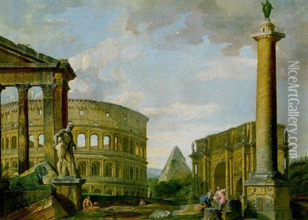 Capriccio Of Rome With The Porticus Of Octavia, The Colosseum, The Pyramid Of Caius Cestius, The Arch Of Constantine, Trajan's Column And The Farnese Hercules Oil Painting - Giovanni Paolo Panini