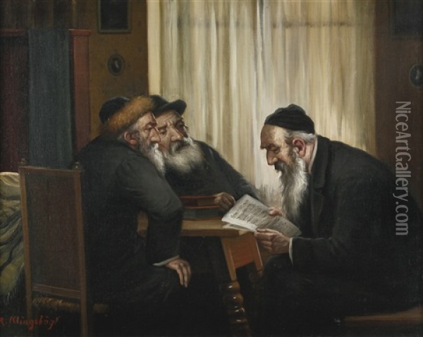 Rabbis Studying Around A Table Oil Painting - Rudolf Klingsboegl