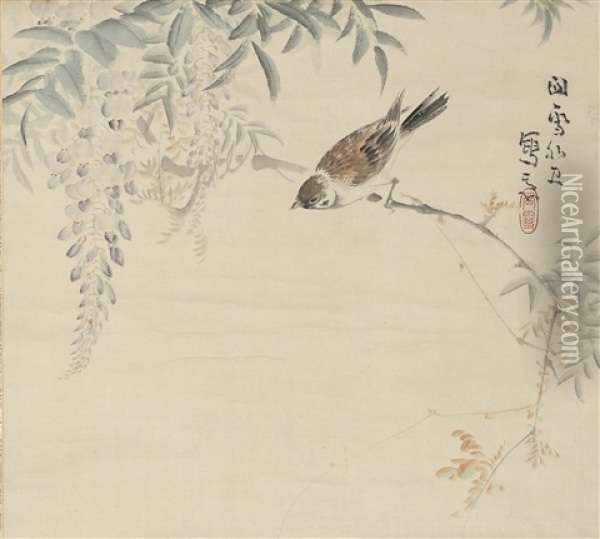Wisteria Flowers And Small Bird Oil Painting - Kansetsu Hashimoto