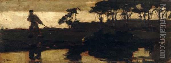 By A Canal At Dusk Oil Painting - Jacob Henricus Maris