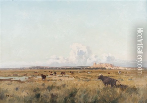 Taureaux En Camargue Oil Painting - Joseph Garibaldi