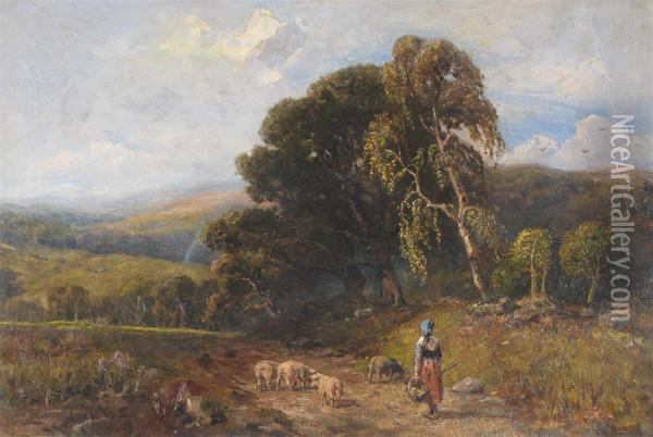Landscape With A Girl Herding Her Pigs Oil Painting - Henry Eugene Compton