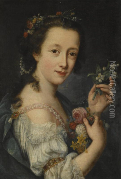 Portrait Of A Young Girl, Half Length, With Pearls In Her Hair,holding Flowers Oil Painting - Antonio Lucchese Franchi