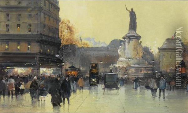 Place De La Republique, Paris Oil Painting - Eugene Galien-Laloue