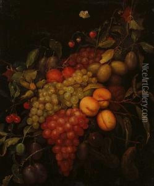 A Swag Of Grapes, Plums, Peaches With Cherries, Strawberries And Cobb Nuts Oil Painting - Frans Van Everbroeck