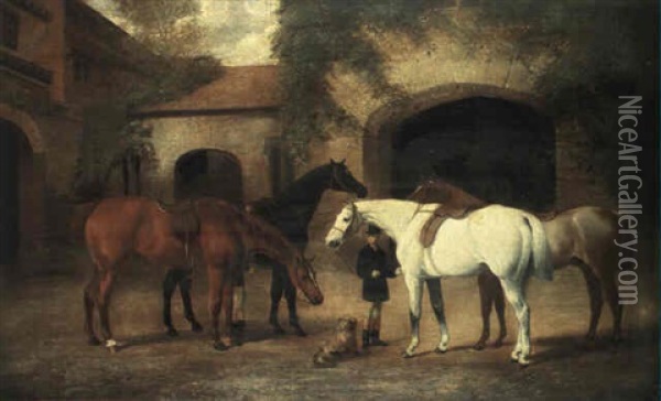 Grooms With Hunters In A Courtyard Oil Painting - Henry Barraud