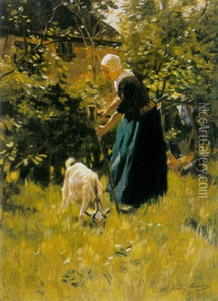 A Peasant Woman With A Goat In A Sunlit Yard Oil Painting - Willy Martens