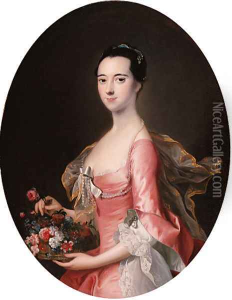 Portrait of a lady, three-quarter-length, in a pink dress, holding a basket of flowers Oil Painting - Thomas Hudson