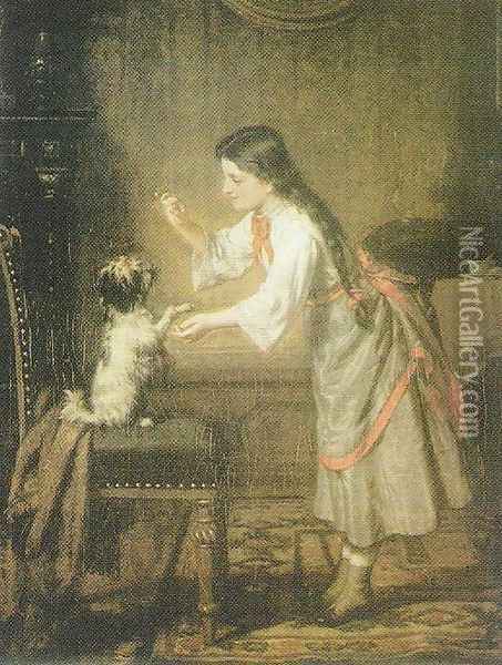 Girl with a Dog Oil Painting - Leopold Loeffler